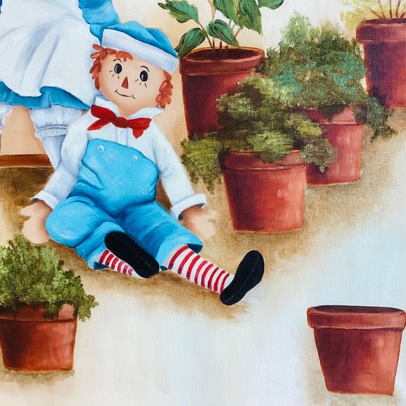 Vintage Raggedy Ann and Andy Large Oil Painting Canvas Initials On Back 18x24” - Picture 7 of 13